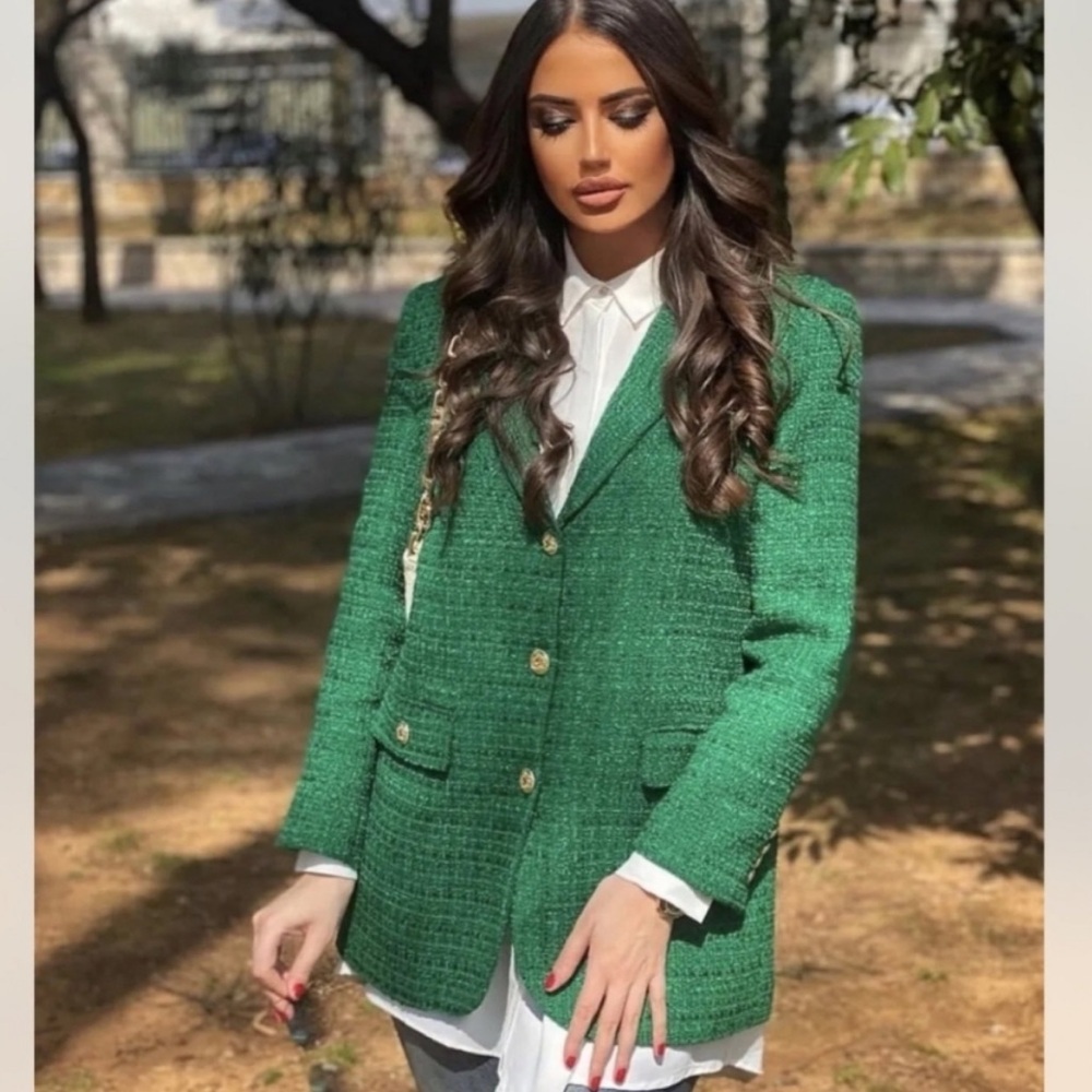 Zara Women's Textured Weave Tweed Oversized Long Blazer Size XS Green
